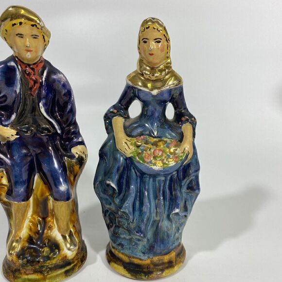 Vtg Staffordshire Man & Woman Majolica art Pottery Figurine Pair cottagecore - Picture 3 of 15